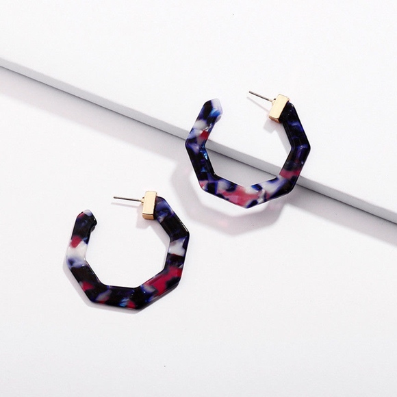 Hexagon Purple Acrylic Tortoise Gold Bar Earrings - Picture 1 of 7